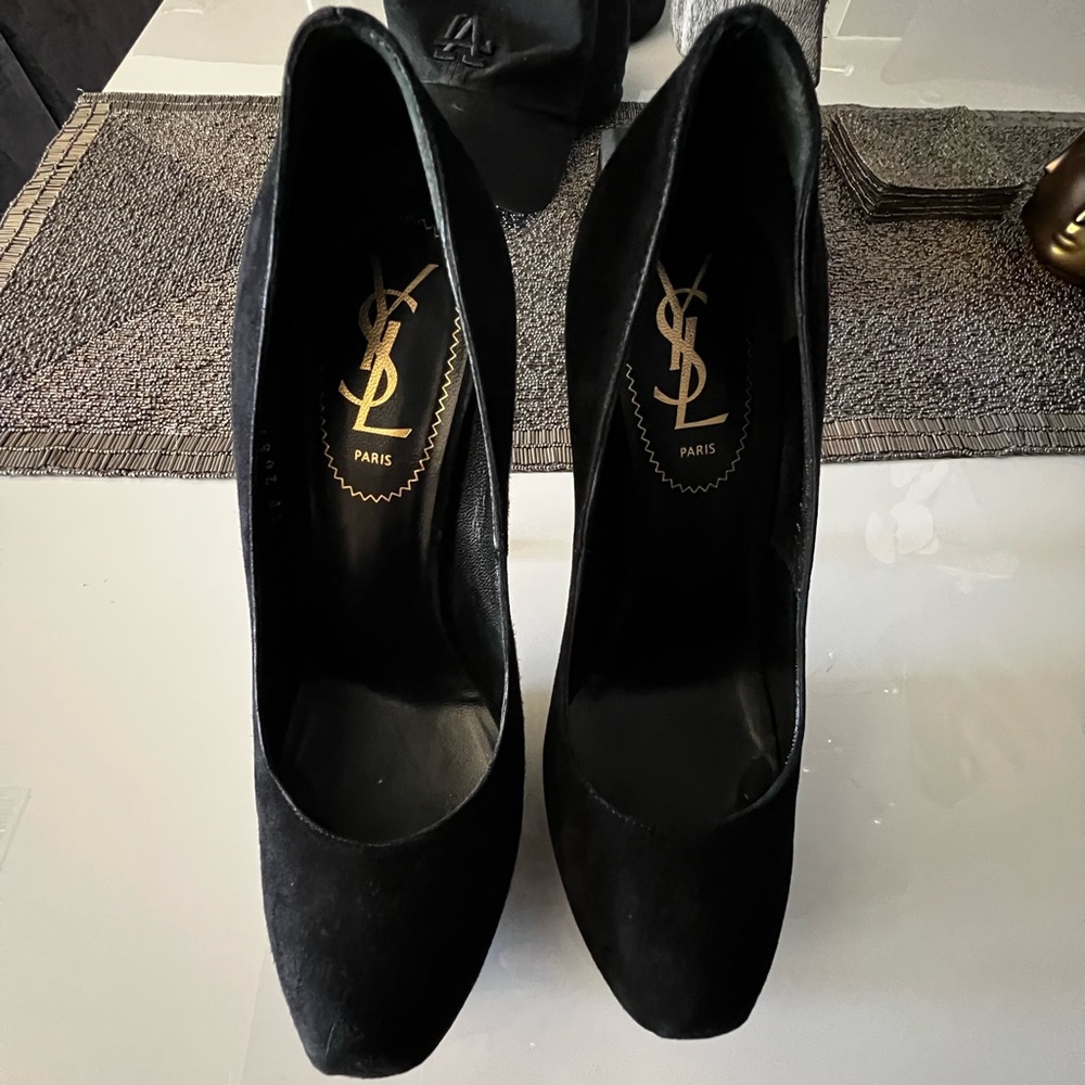 YSL Tribtoo Yves Saint Laurent Black Suede Platform Stiletto Pumps Size 37.5
